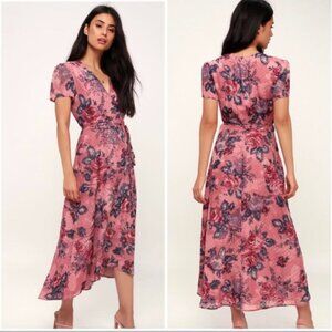 Like new! WAYF Lorna Midi Wrap Dress M Pink Blue Floral Short Sleeve Tie Waist